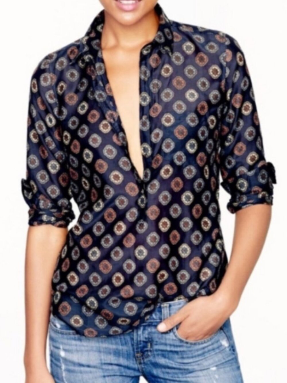 J Crew Cotton/Silk Popover Tile Print Blouse, Quarter-Button Top - Womens 10